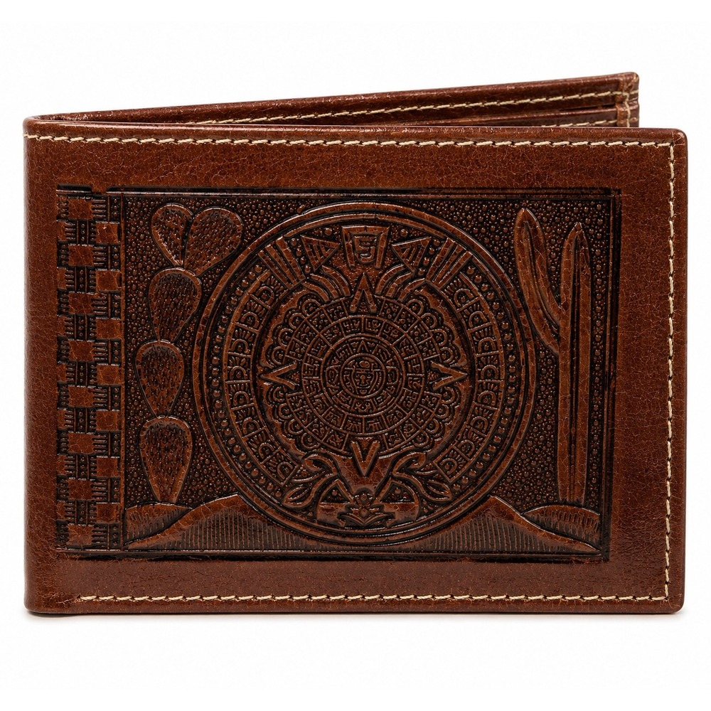 NEW Handmade Leather Aztec Calendar Bifold Wallet Western Cowboy Tooled Brown